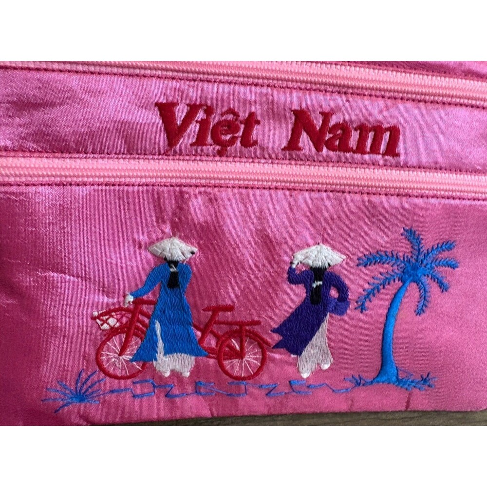 Viet Nam Pouch Zippered Bag Clutch Purse Silk Makeup Bag Pink 3 Section Rare - Picture 3 of 7